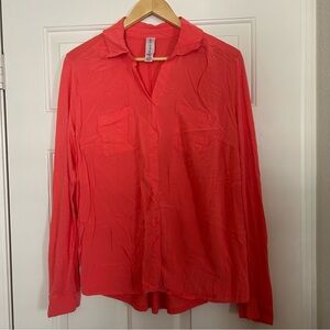 Pure Energy Bright Red/Orange V Neck Collared Long Sleeve Chiffon Blouse Size XL